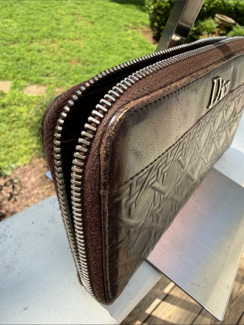 Dior  Authentic Dark Brown Embossed Leather zip -Around Wallet - Picture 4 of 16